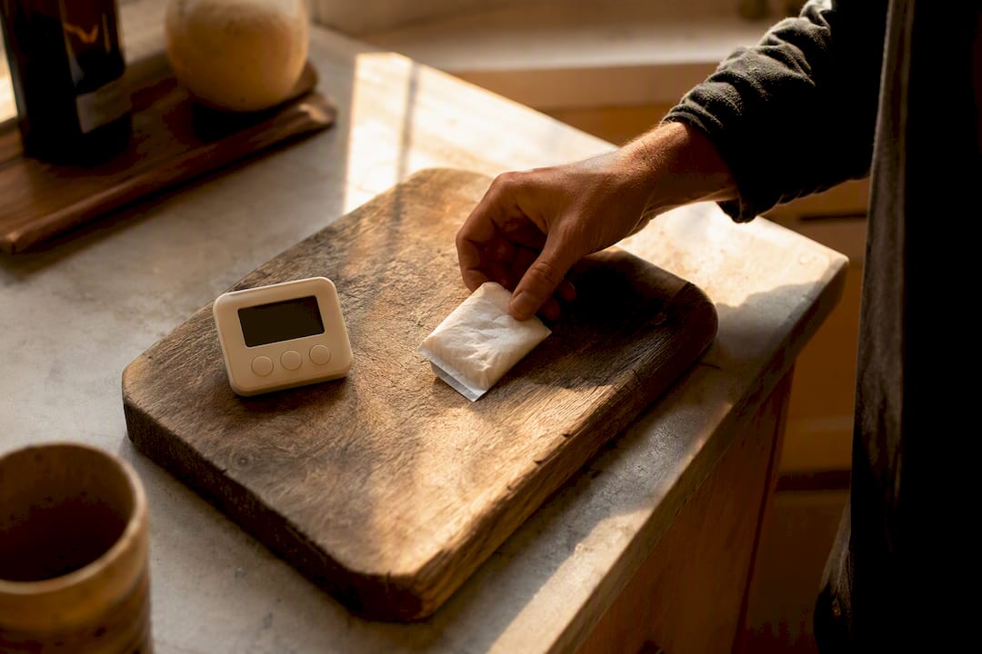 Hand placing small pouch on dish