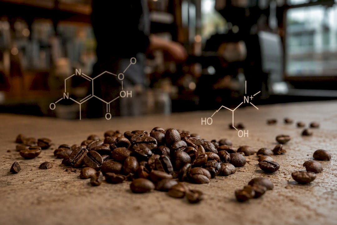 Roasted coffee beans with chemical compound overlay