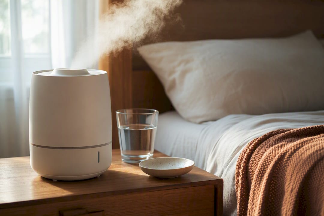 Humidifier running beside bed for cough relief
