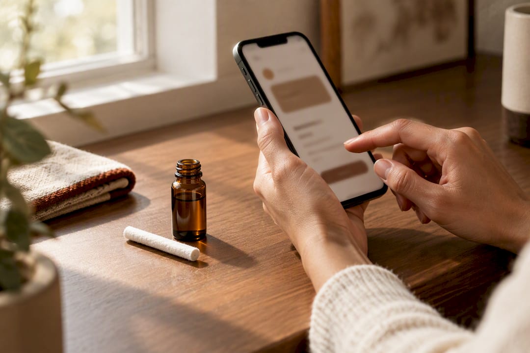 Phone beside aroma inhaler wick and oil vial
