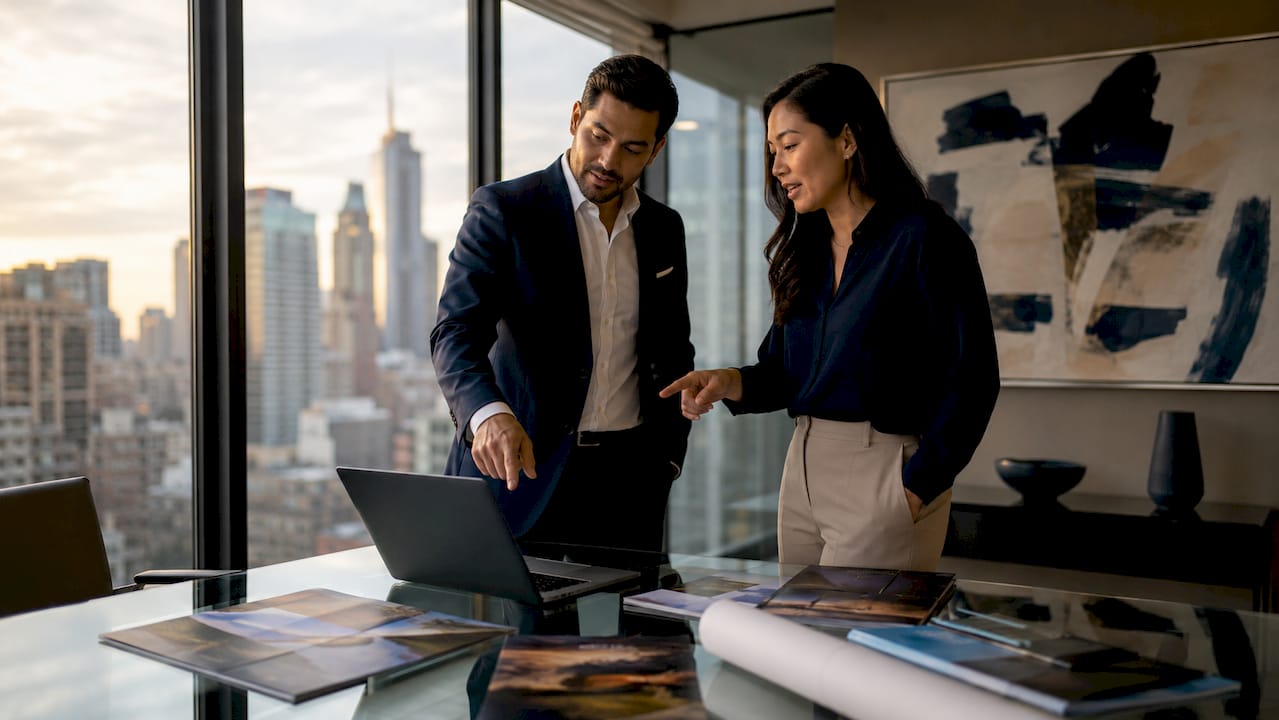 Real estate agents discussing luxury property listings