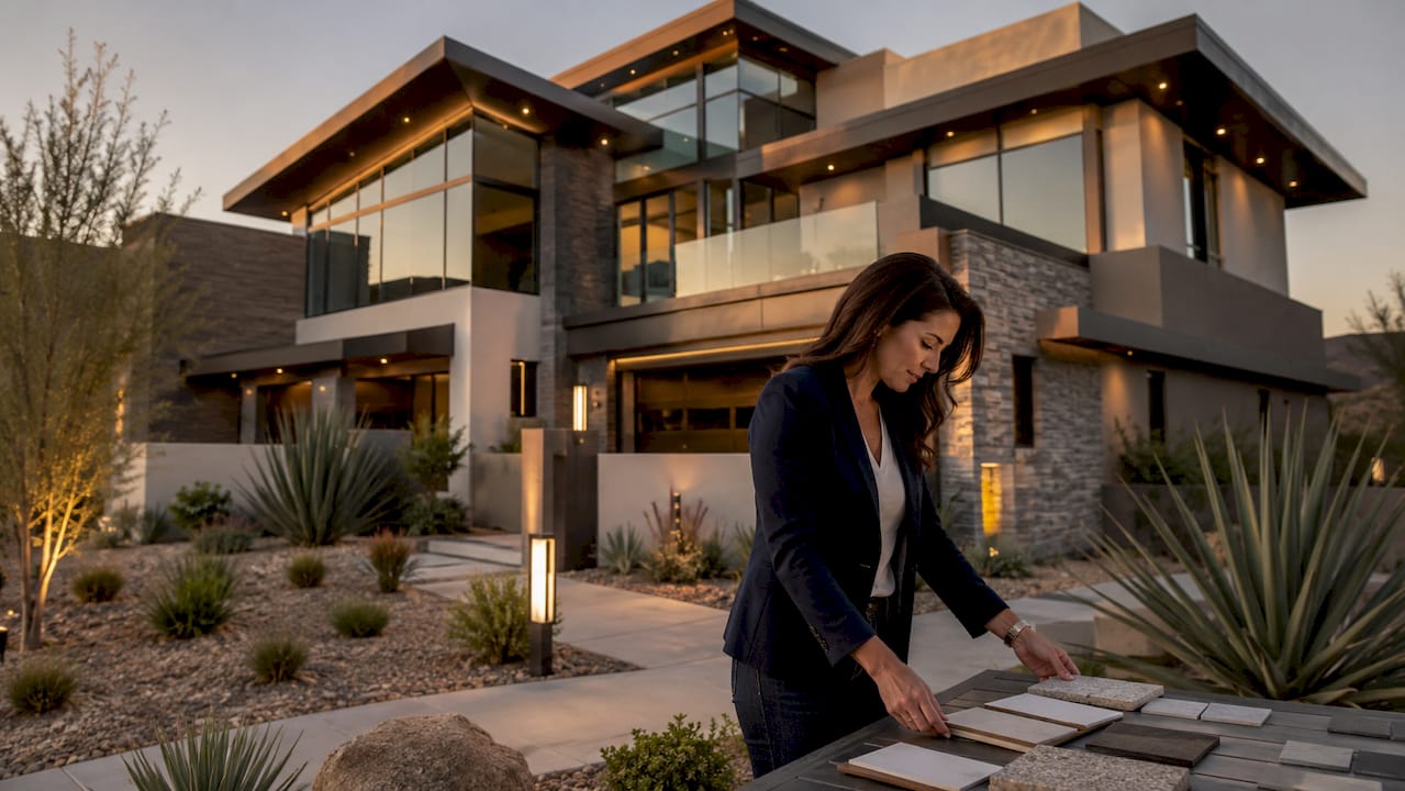 Architect inspecting new Las Vegas luxury home exterior