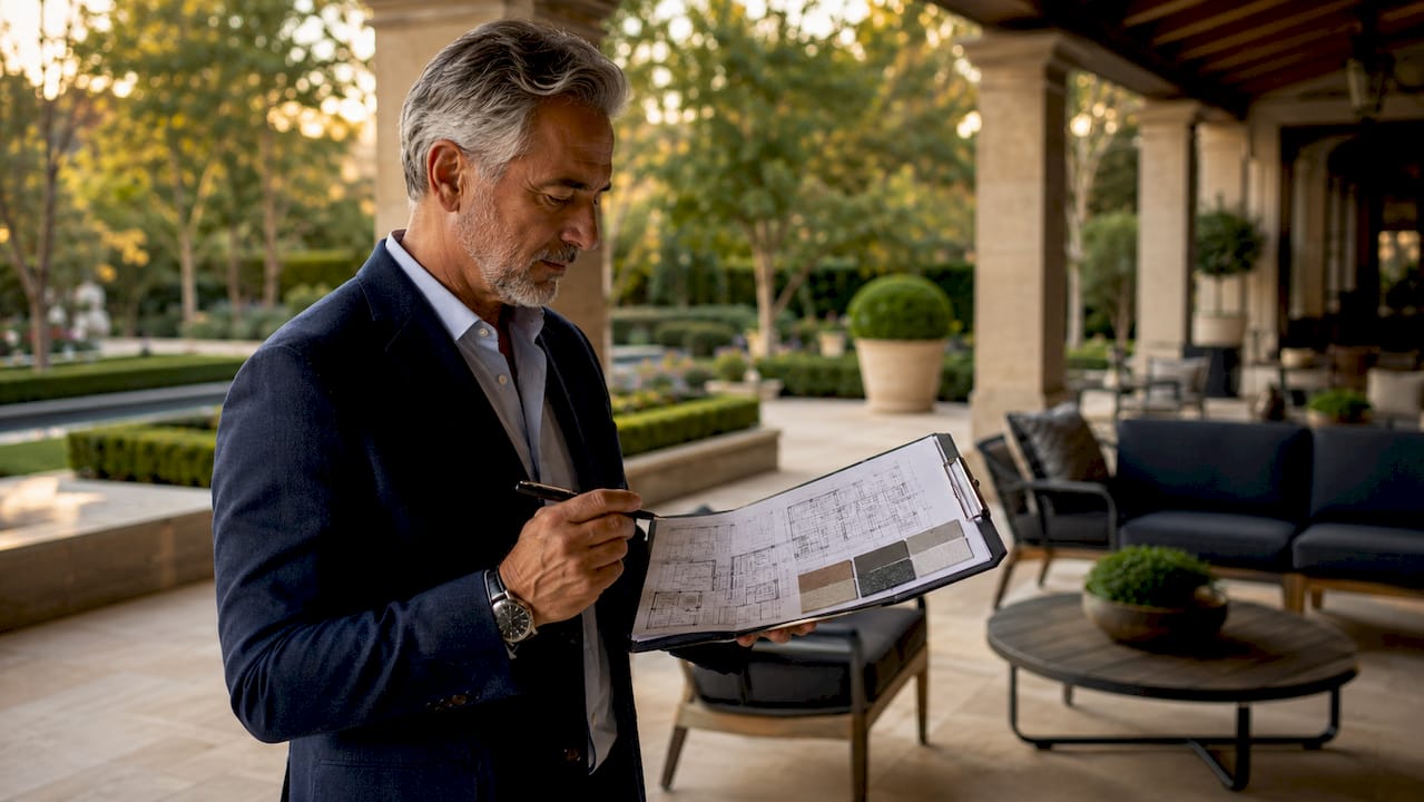 Appraiser hands holding luxury home plans