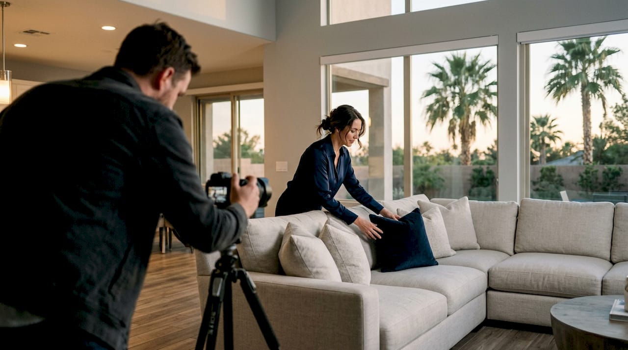 Real estate agent arranging furniture in staged living room