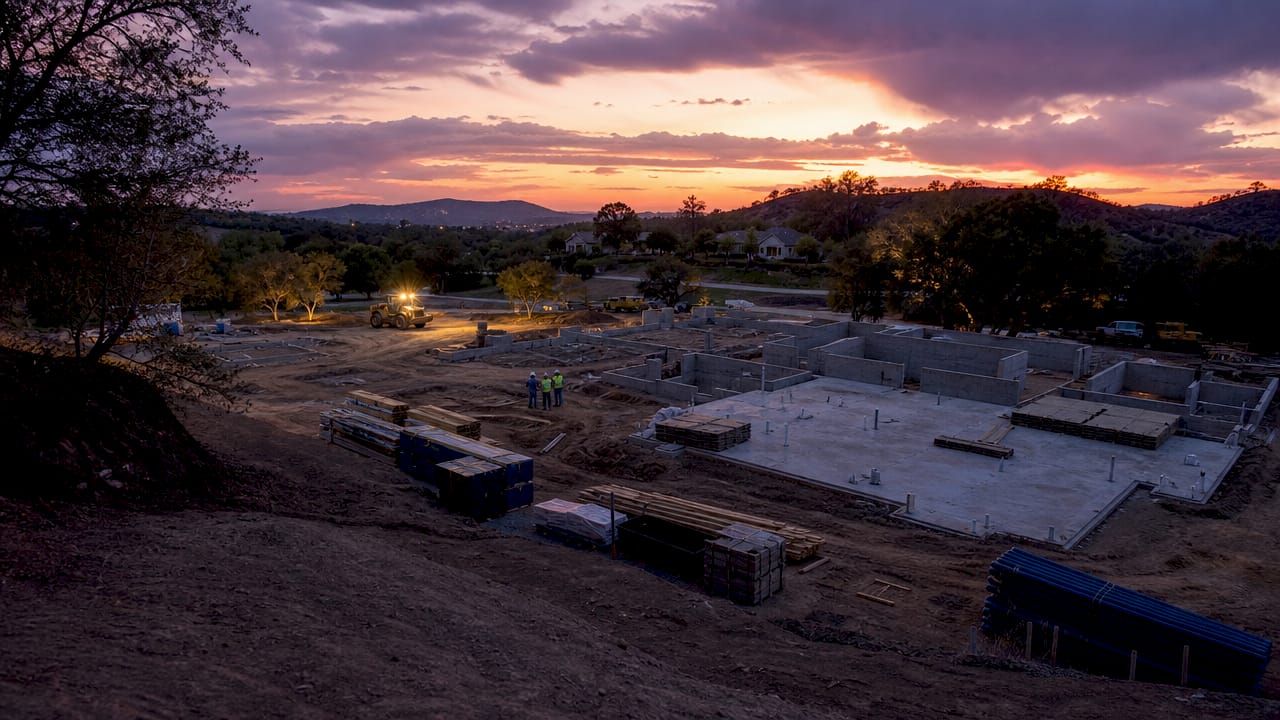 Aerial view of custom estate home construction site