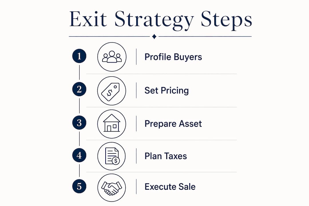 Infographic showing five steps of luxury real estate exit strategy