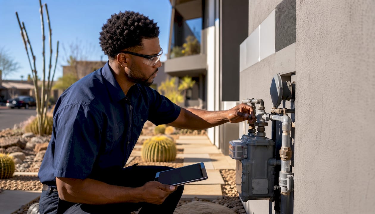 Technician inspecting natural gas meter outdoors