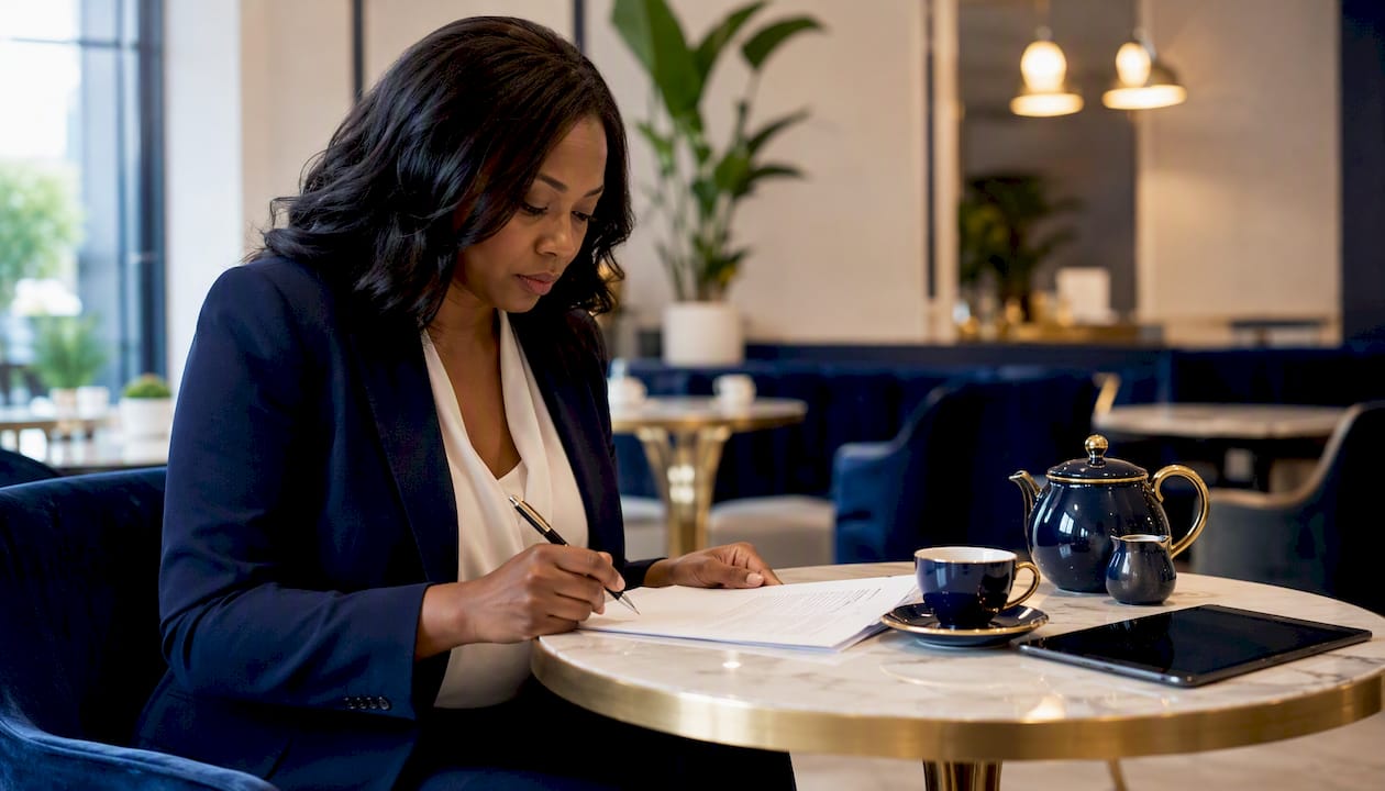 Buyer agent reviewing luxury client agreement