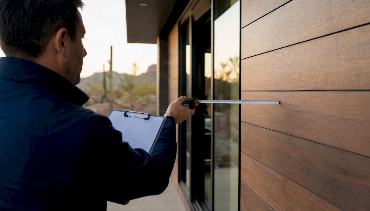 Appraiser measuring luxury home exterior