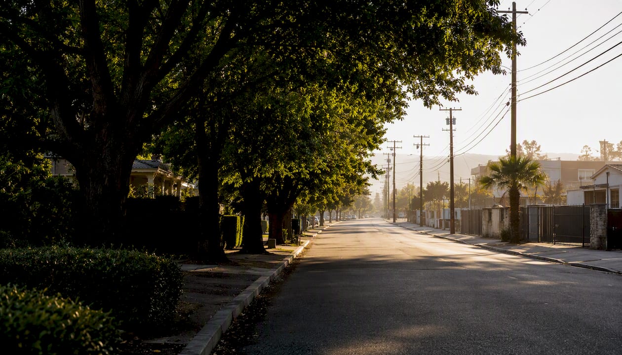 Urban neighborhood contrasting heat island and shaded areas