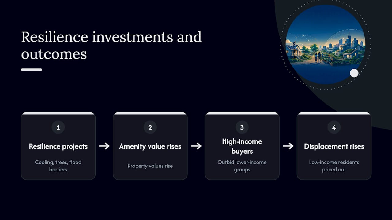 How resilience investments reshape who lives where — overview diagram
