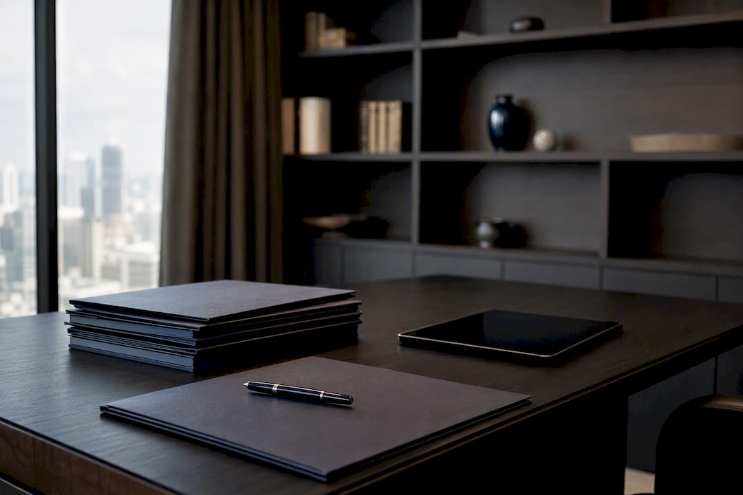 Organized document folders on luxury desk