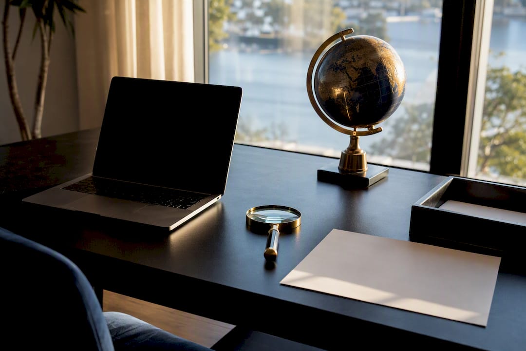 Desk with globe sculpture and magnifying glass