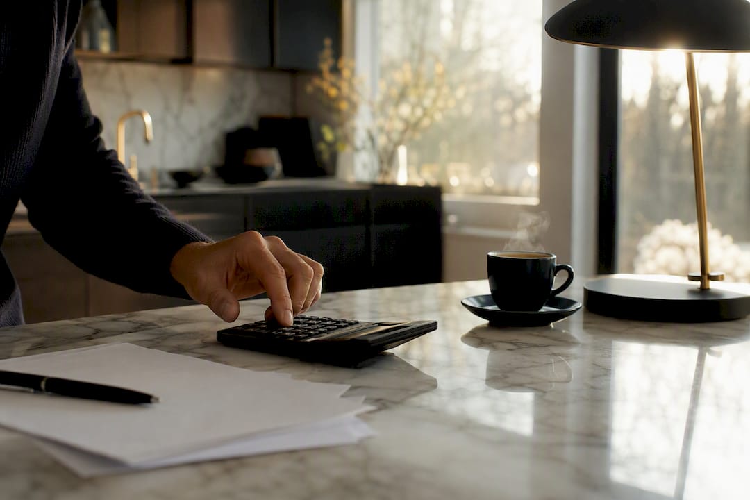 Hand using calculator for debt matching calculations