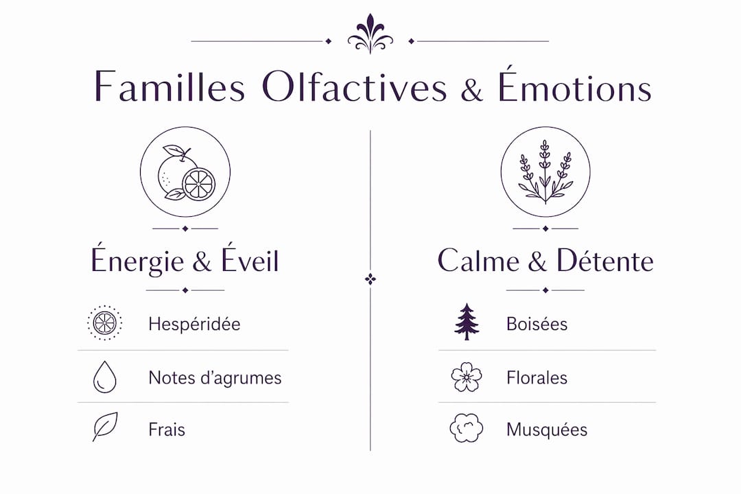 Infographie illustrant le lien entre les familles olfactives et les émotions
