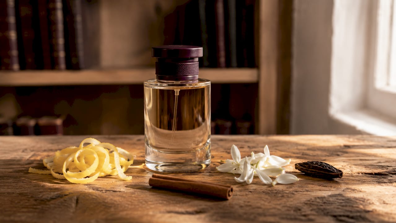 Un flacon de parfum délicatement posé au milieu d’ingrédients naturels soigneusement sélectionnés.