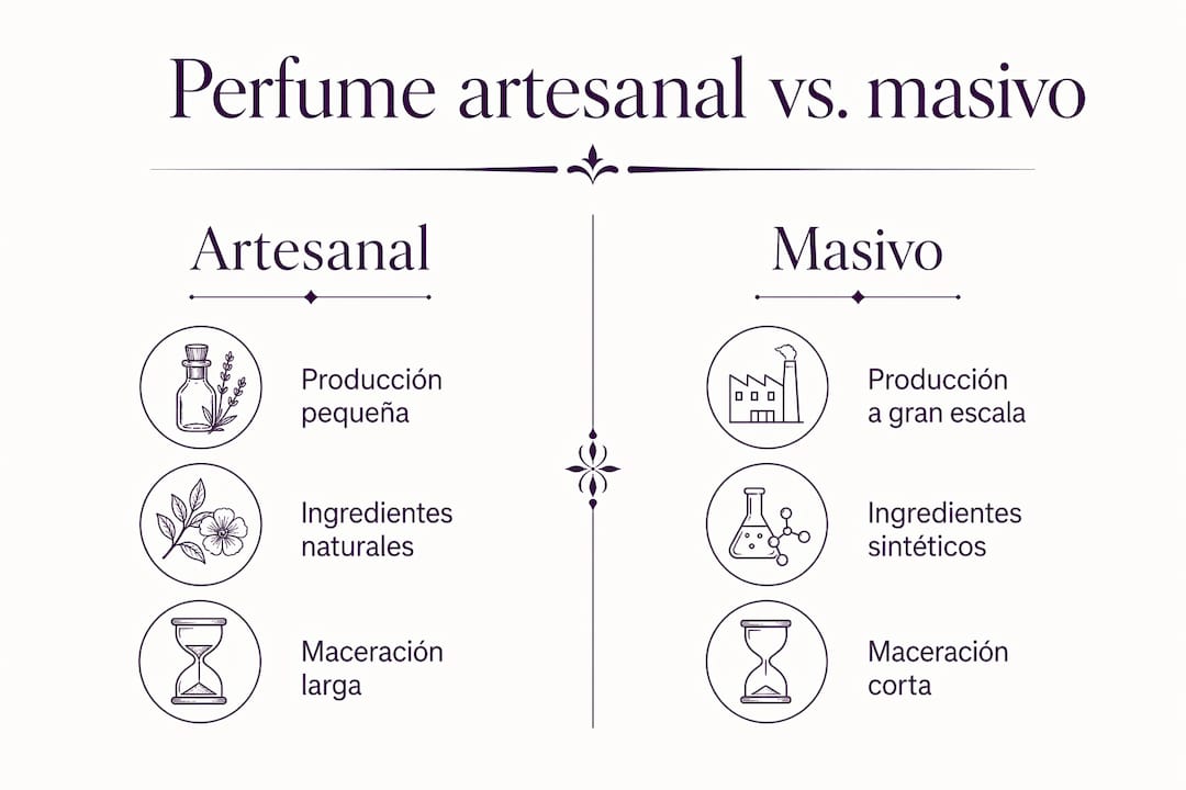 Comparativa visual entre perfumes artesanales y comerciales