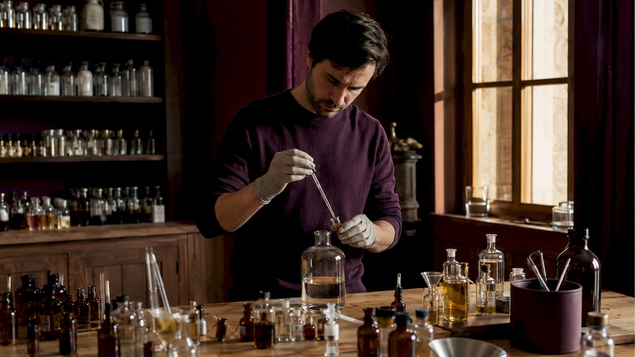 Unas manos combinan diferentes esencias en un laboratorio de perfumería.