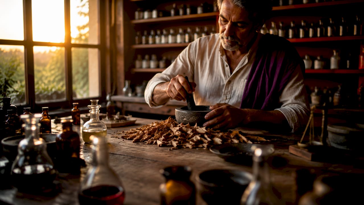 Unas manos trabajan el sándalo de Mysore sobre una mesa de carpintero.