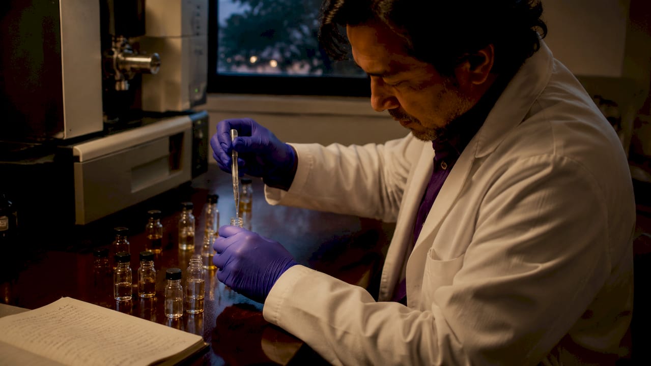 Hands pipetting perfume chemical samples in lab