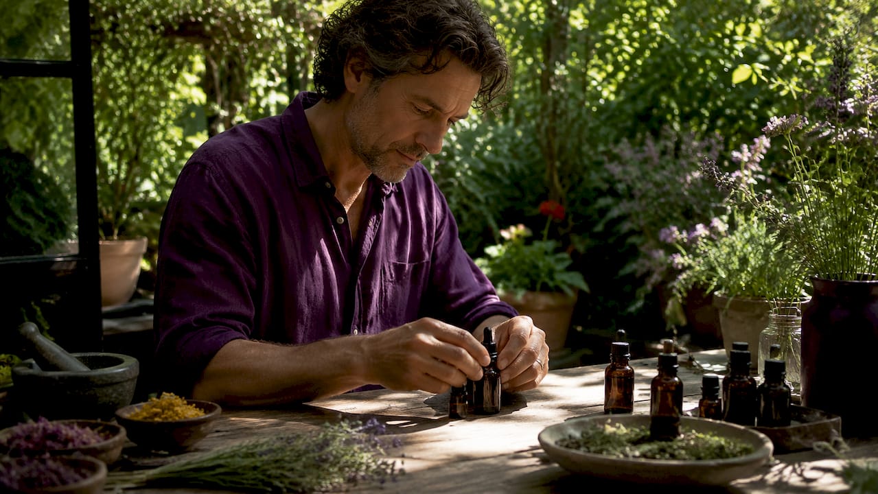 Hands organizing essential oil bottles on table