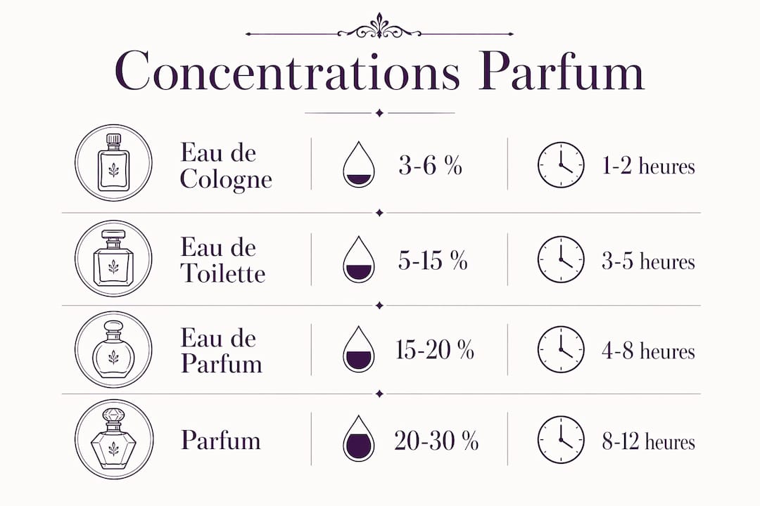 Découvrez en un coup d’œil les différentes concentrations de parfums et leur tenue grâce à cette infographie.