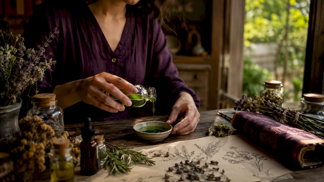 Perfumer handling natural ingredient vial in workshop