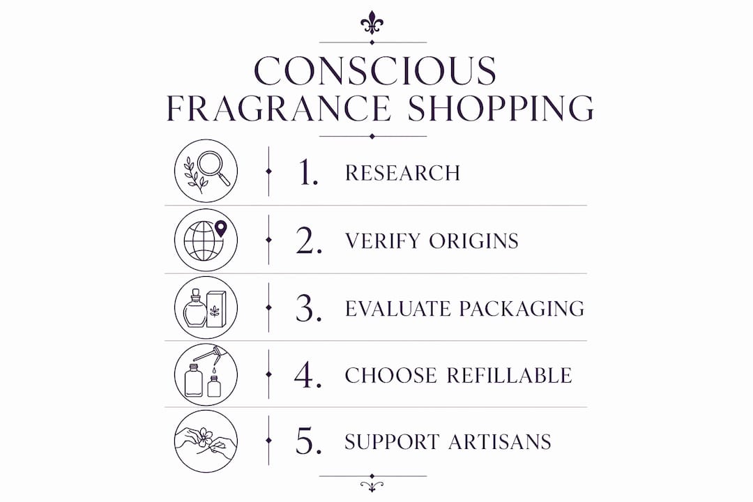 Infographic detailing 5 steps of conscious fragrance shopping
