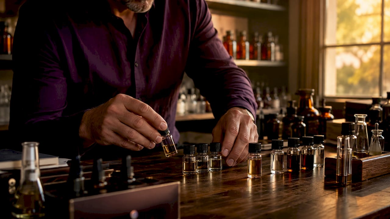 Unas manos acomodan cuidadosamente los frascos con esencias para crear perfume.