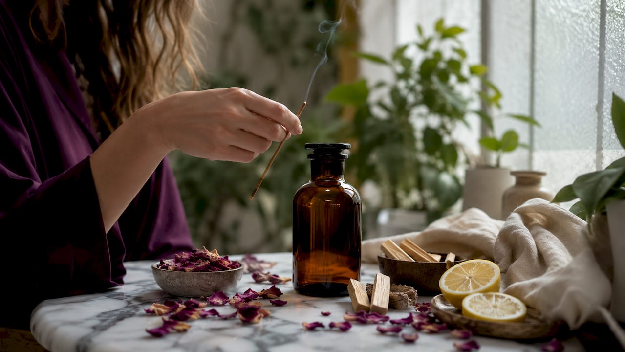 Flacon de parfum aux essences naturelles, invitation à la méditation
