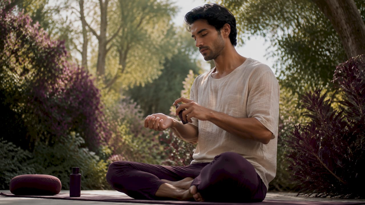 Hombre preparándose para meditar aplicando un perfume en su estudio