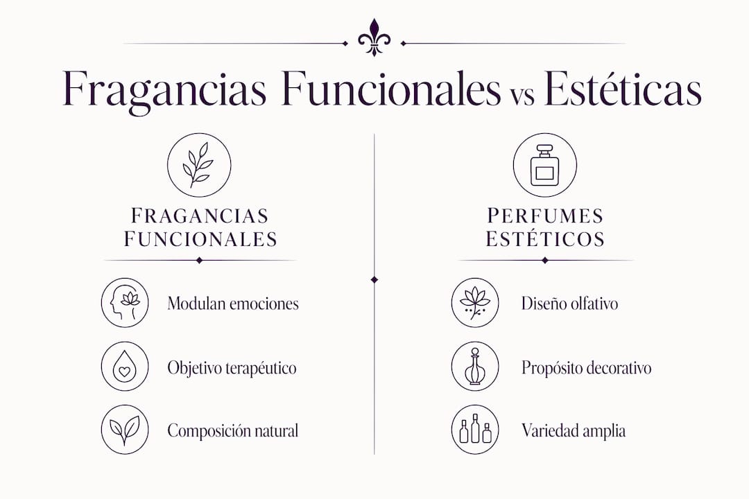 Infografía que muestra las diferencias entre fragancias funcionales y perfumes tradicionales