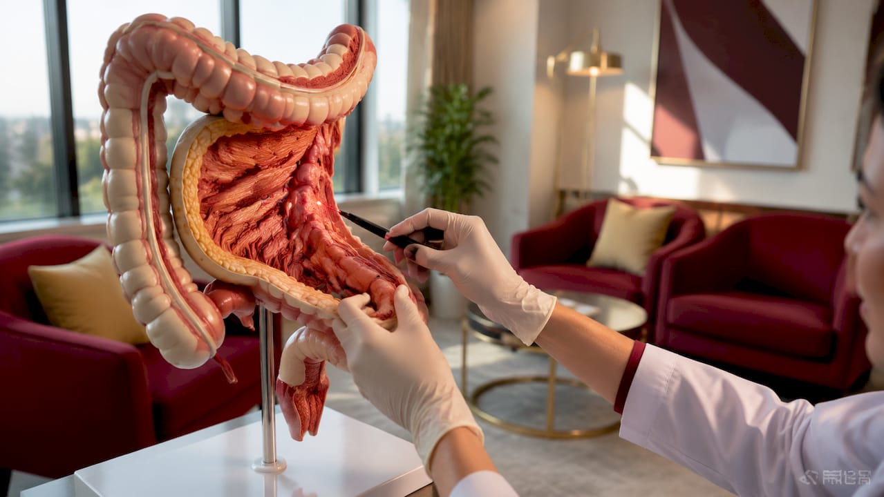 Hands pointing at gut muscle model