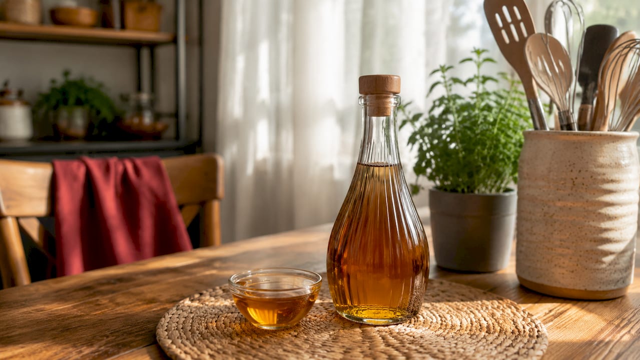 Close-up of agave syrup on kitchen counter with bowl