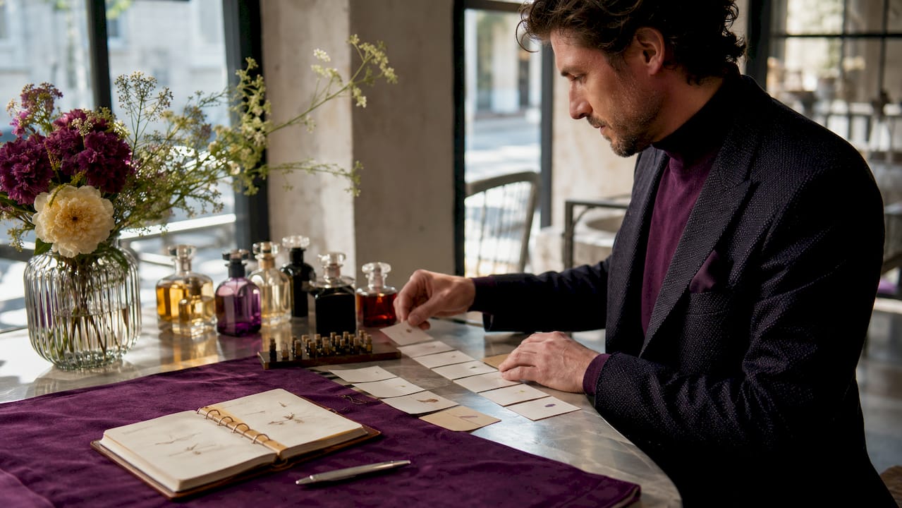 Perfumer arranging scent discovery cards and vials