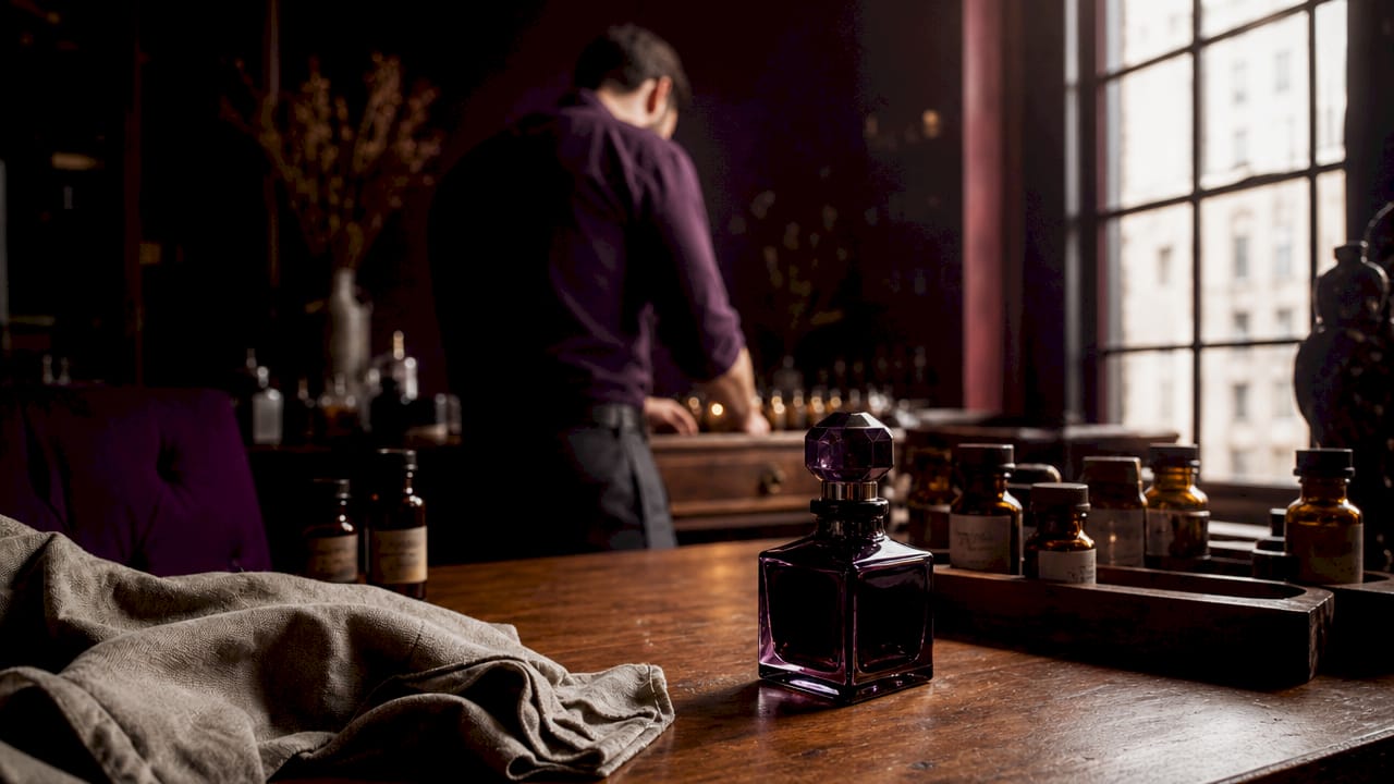 Perfumes y aceites esenciales colocados sobre una elegante superficie de mármol.