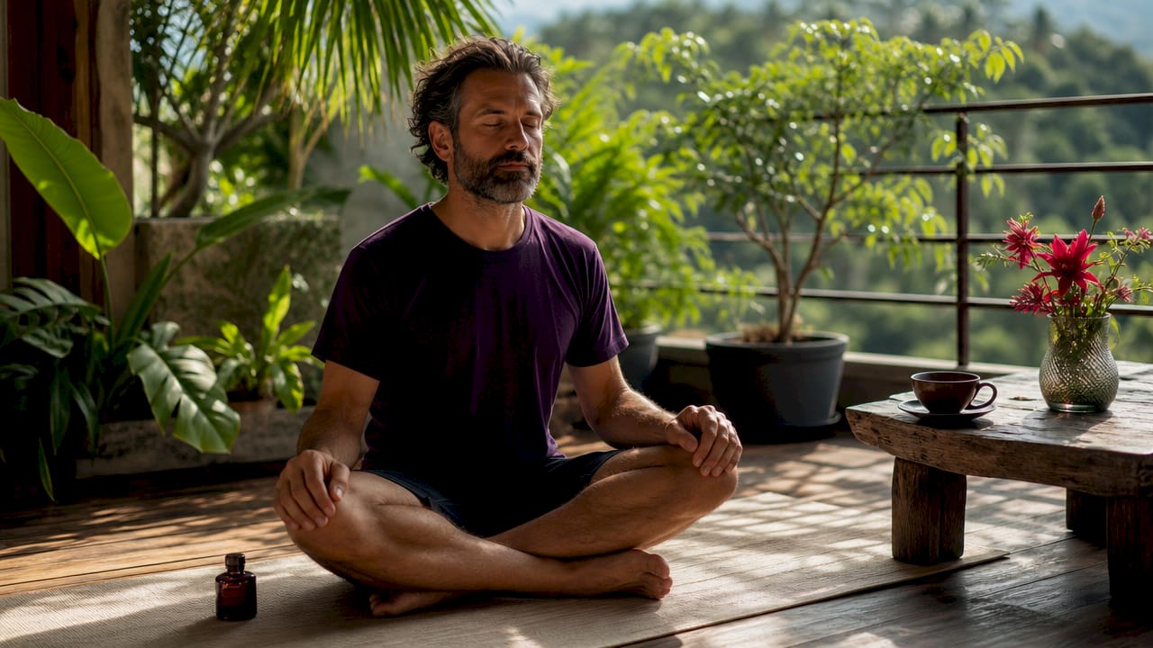Man meditating with scent bottle on balcony