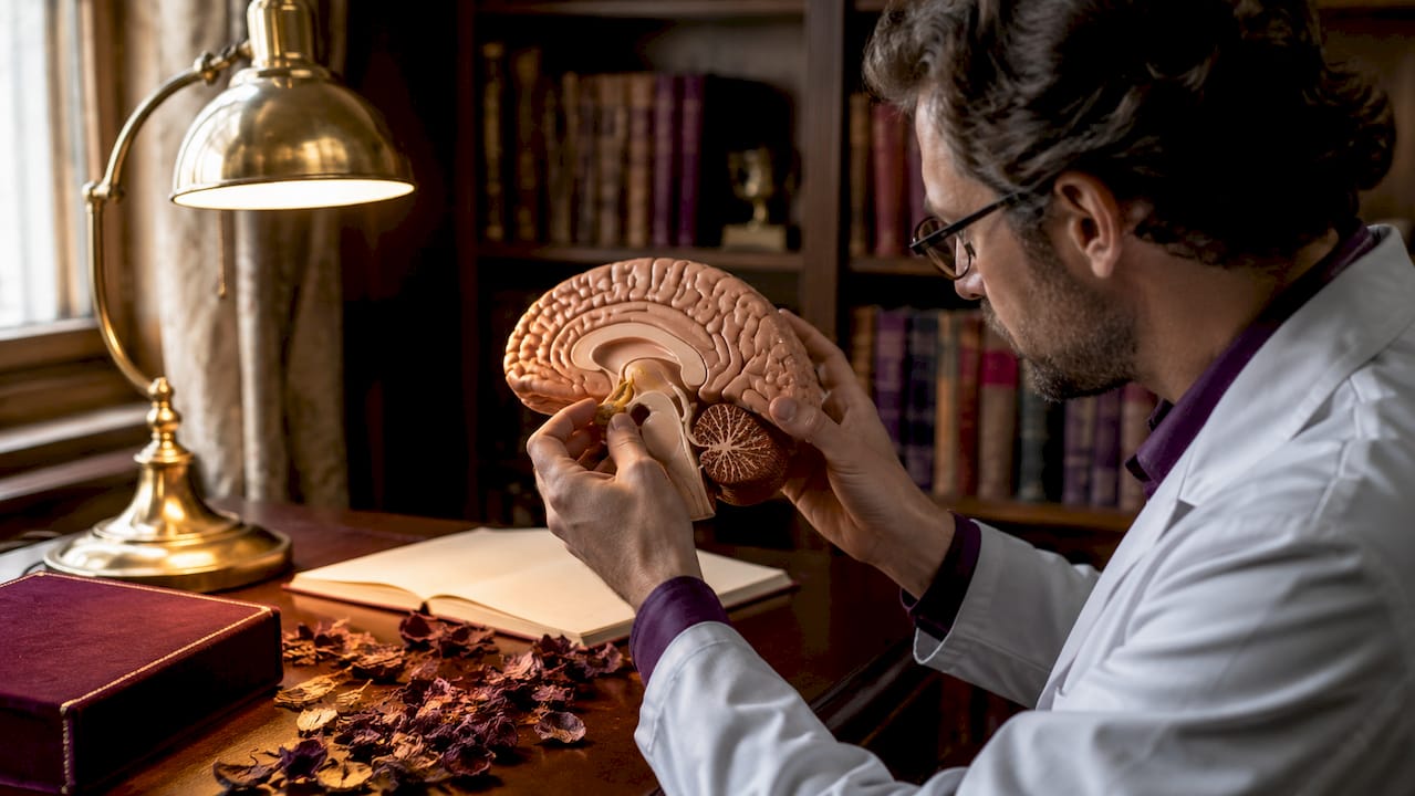 Close up hands holding anatomical brain model
