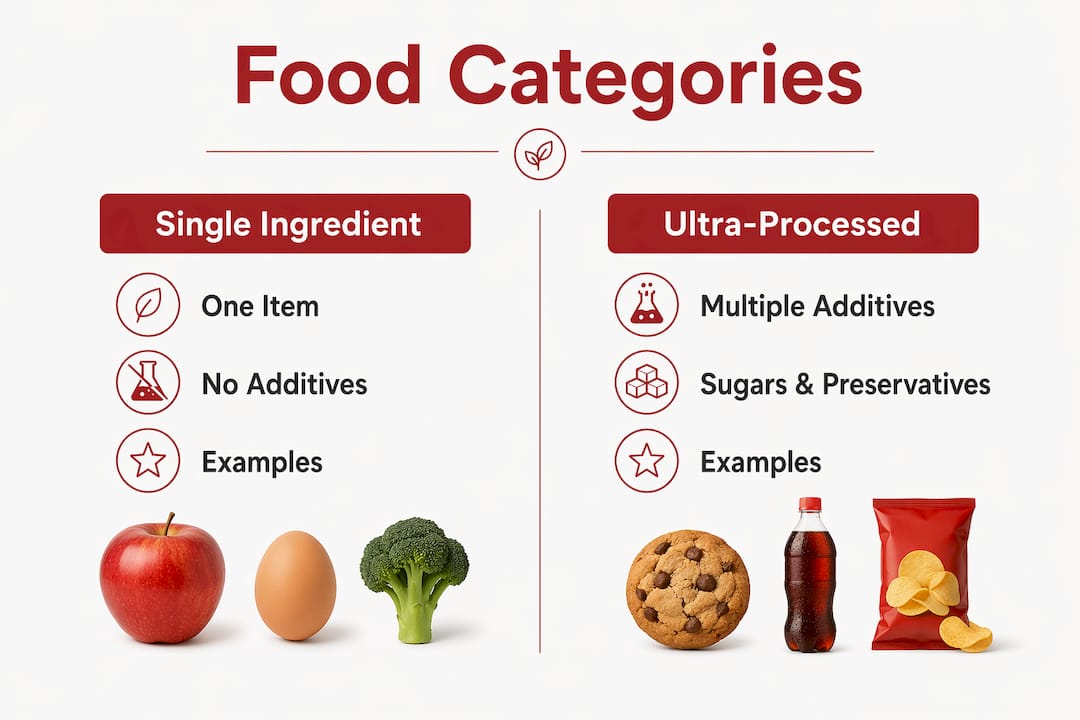 Infographic comparing single ingredient and ultra-processed foods