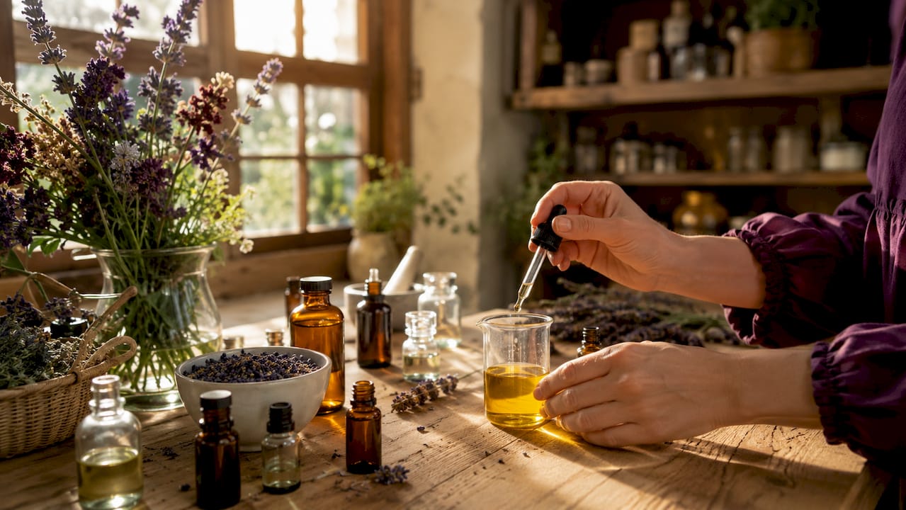 Mesa repleta de esencias y elementos naturales para crear perfumes artesanales