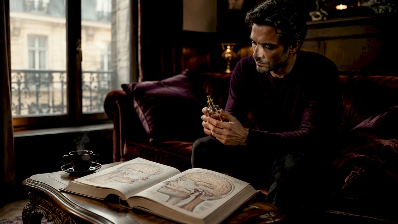 Man's hands with perfume bottle and brain book