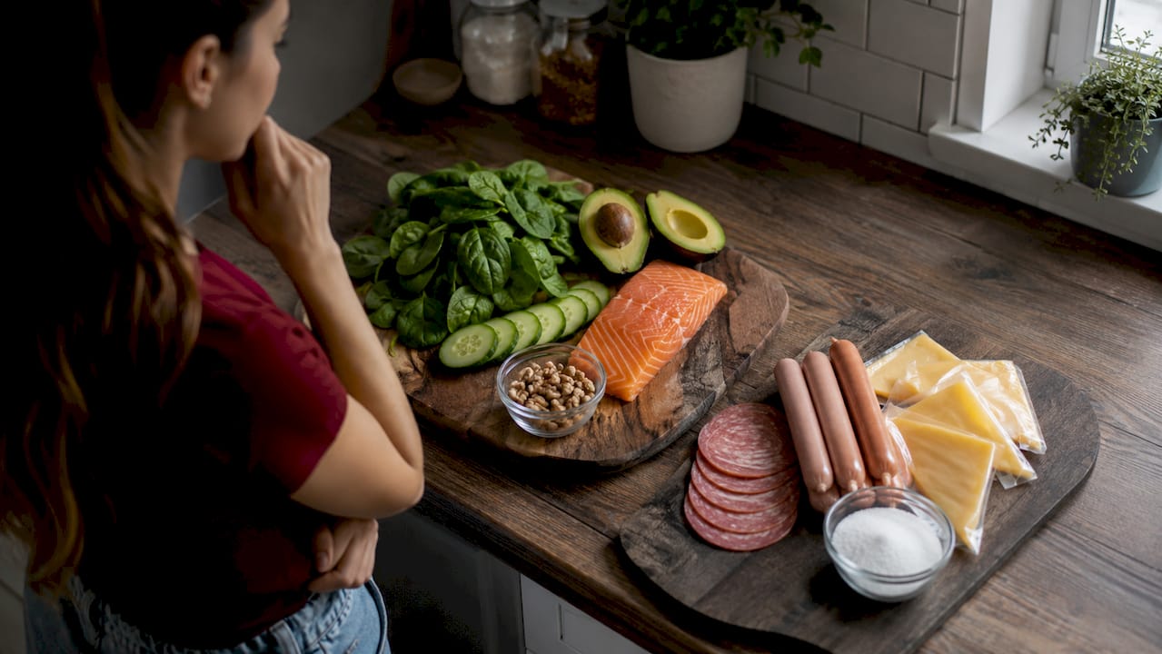 Overhead view contrasting clean and dirty keto foods