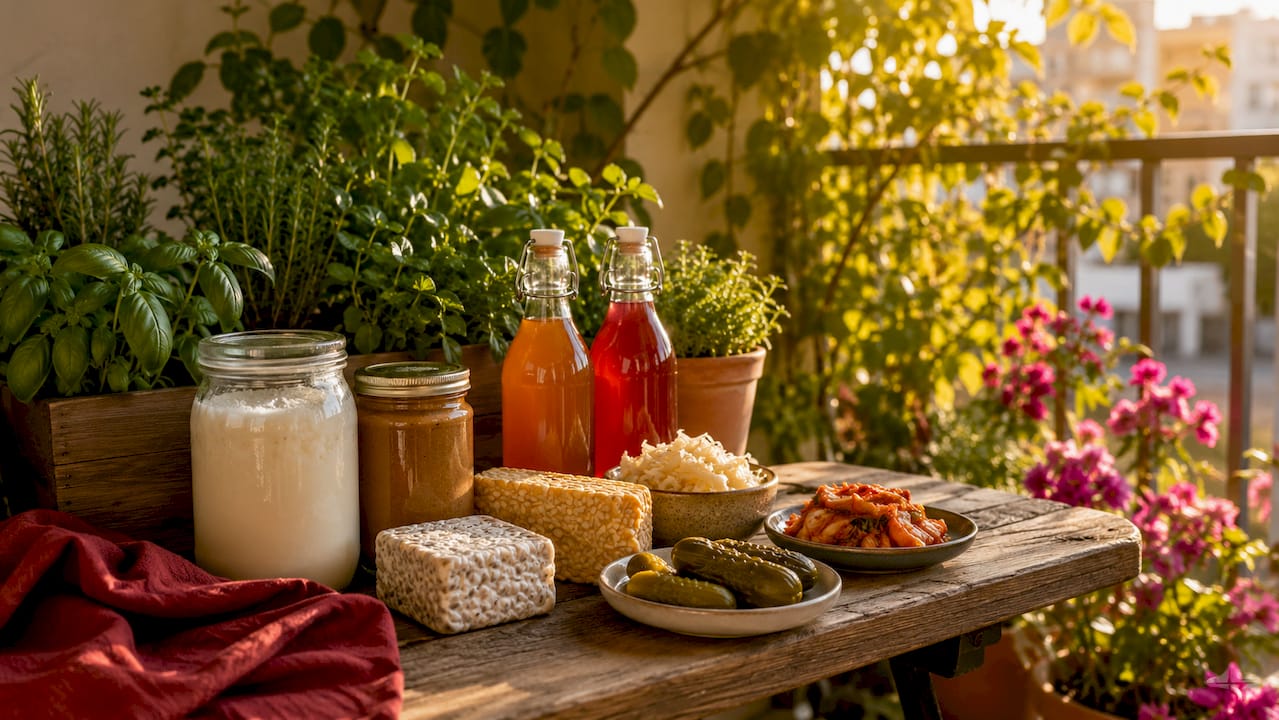 Assortment of fermented probiotic foods on countertop