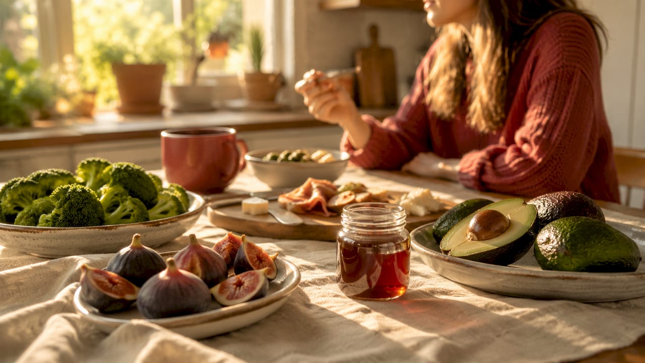 Variety of prebiotic foods on kitchen countertop flat lay