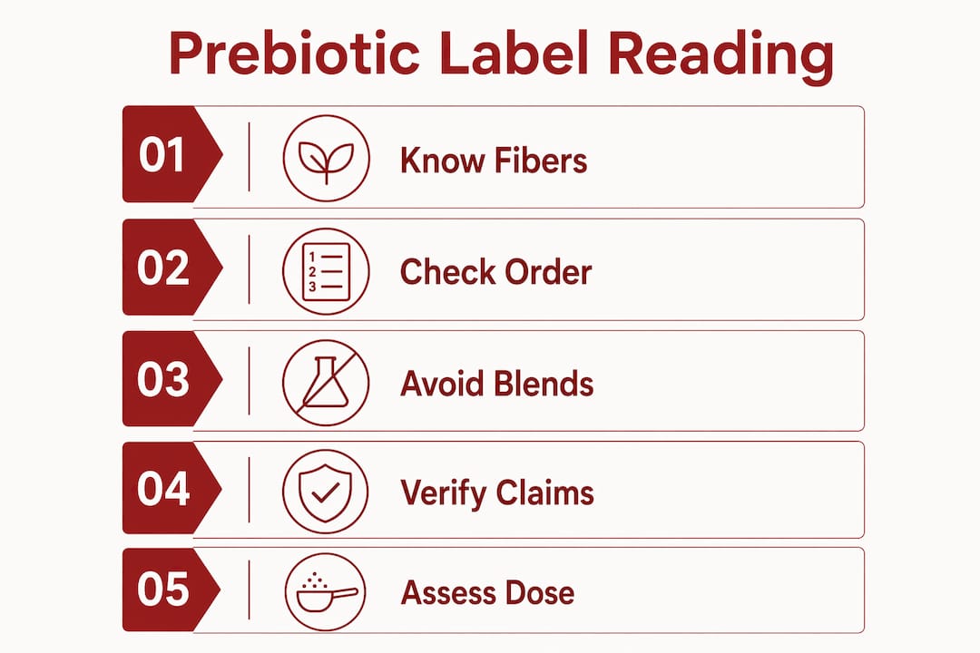 Infographic with five key steps to read prebiotic labels