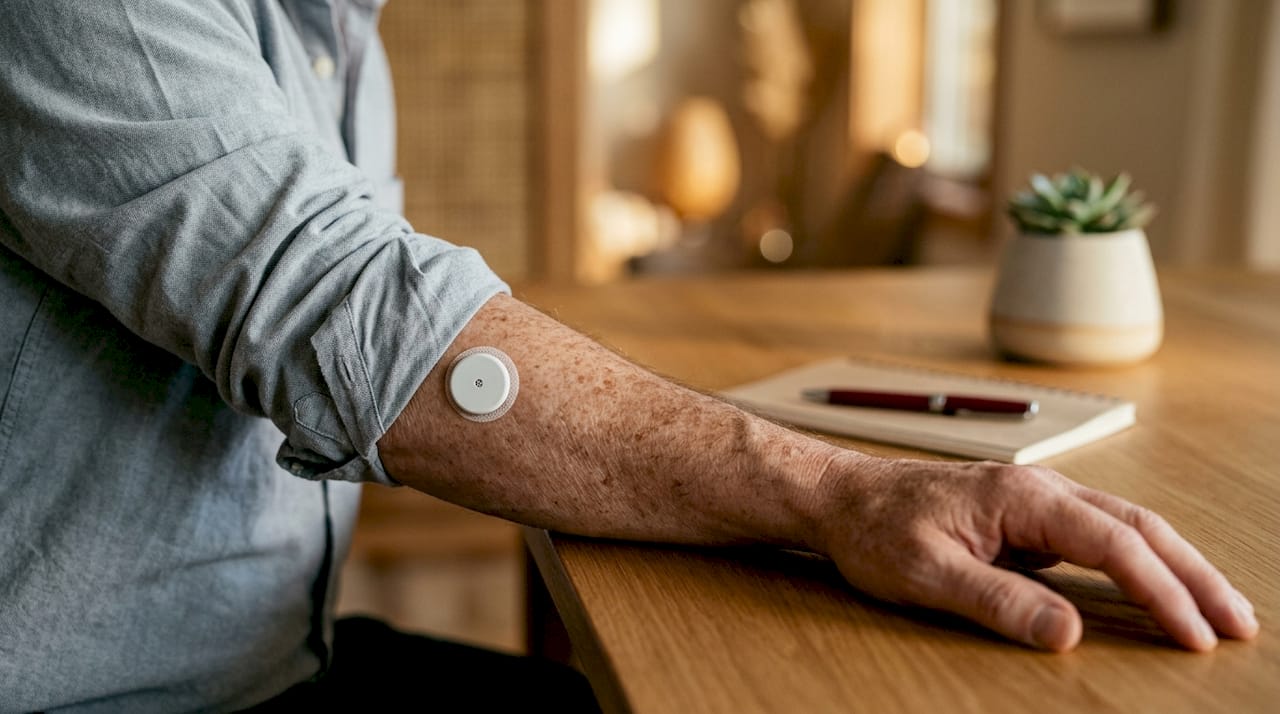 Close-up of continuous glucose monitoring sensor on arm