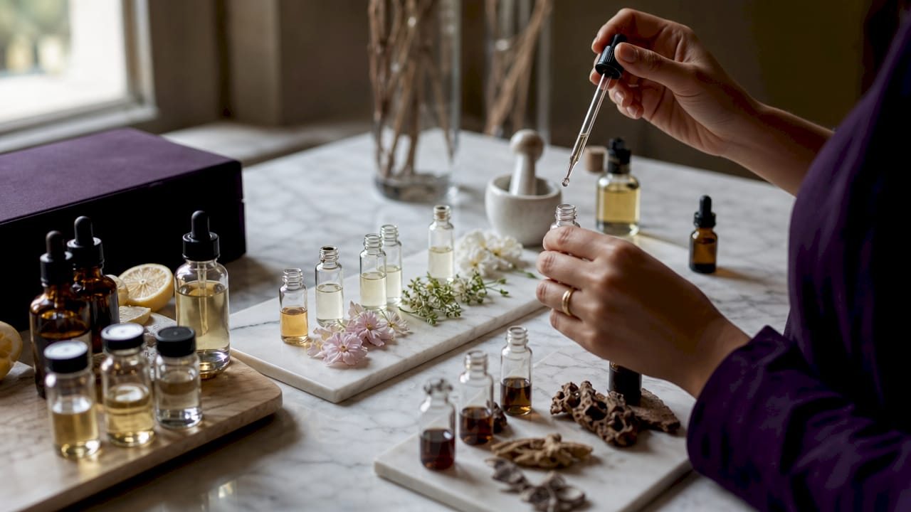 Manos pesando esencias aromáticas en una balanza