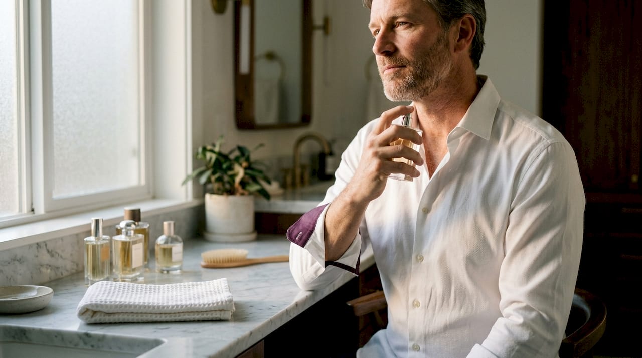 Man spritzing fragrance at kitchen table