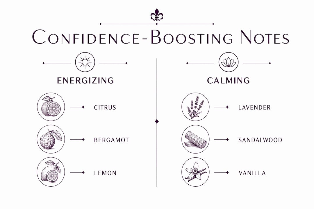 Infographic comparing fragrance notes boosting confidence