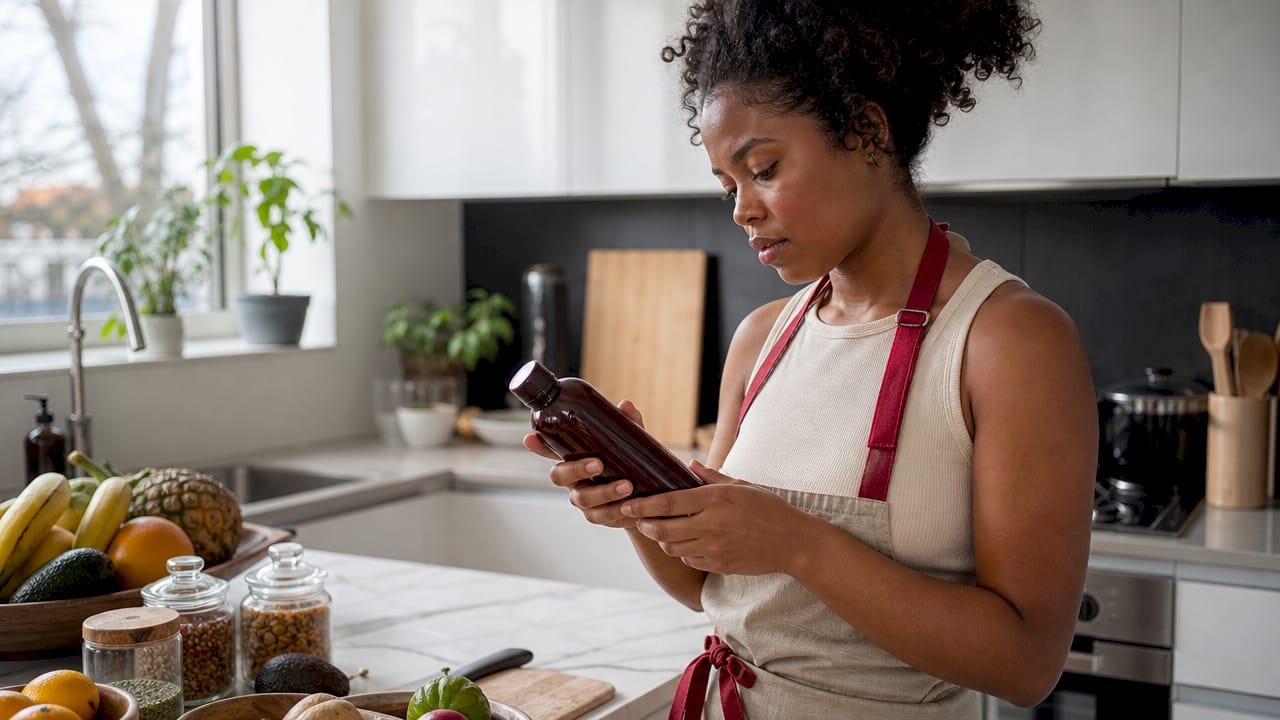 Woman inspecting whole-food prebiotic syrup bottle in pantry